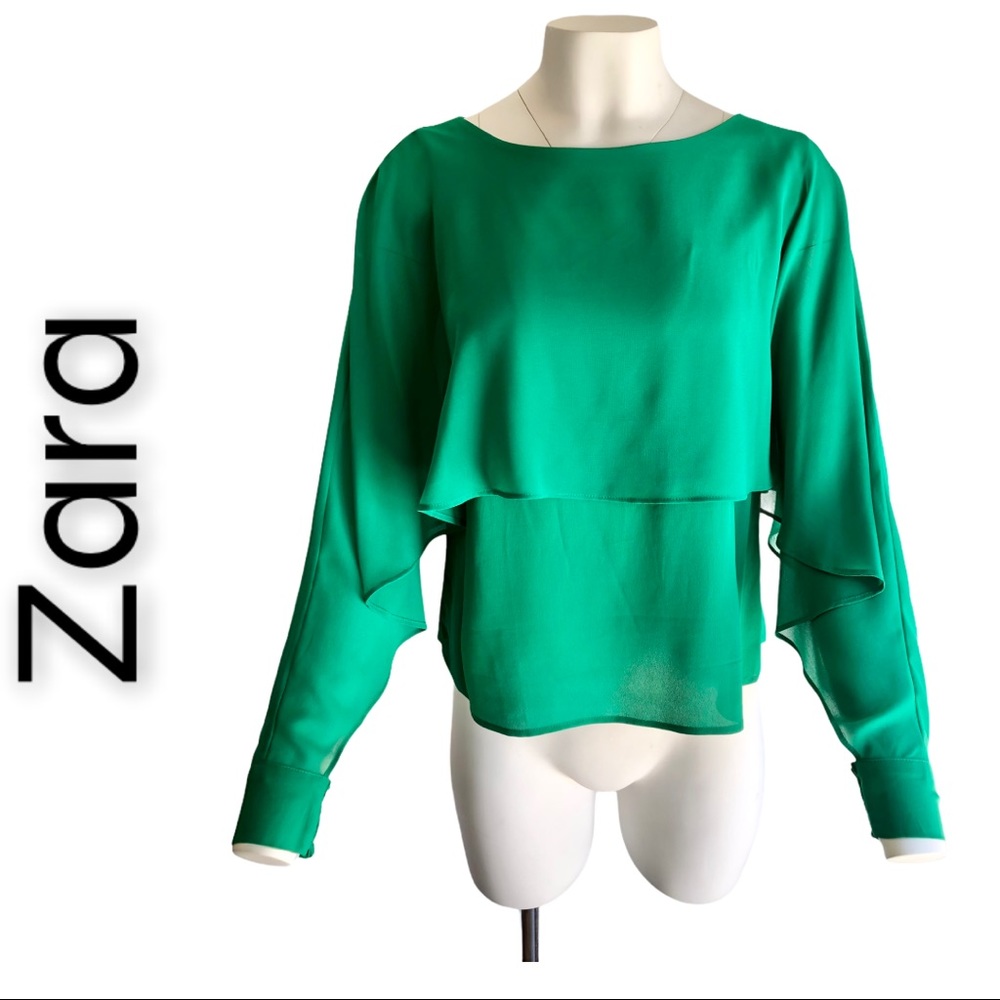 Zara Green Layered Cape Sleeve Top